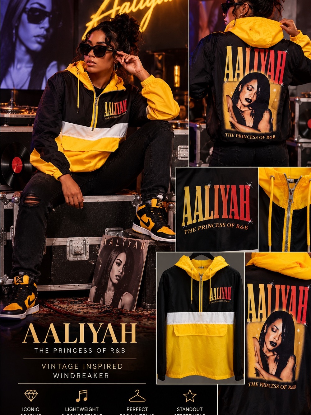 Aaliyah Princess of R&B Black Yellow Windbreaker Jacket Size Medium
